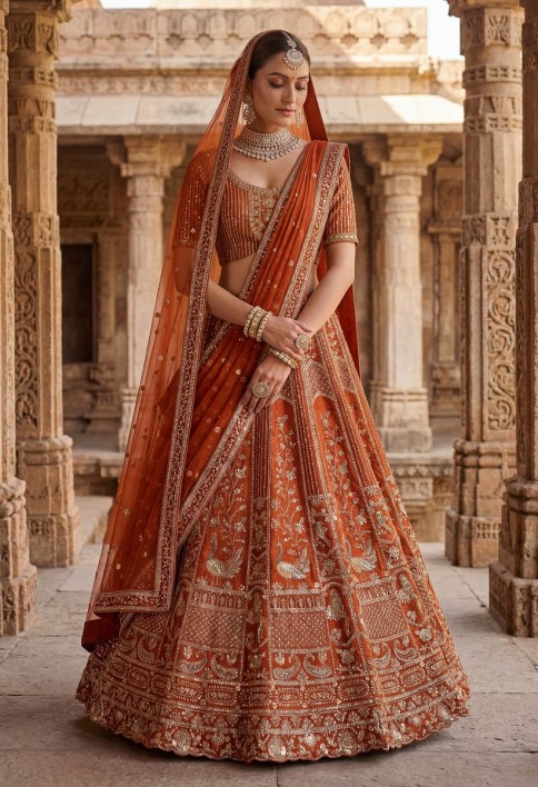 Beautiful Rust Orange Sequins Silk Bridal Lehenga Choli With Double Dupatta