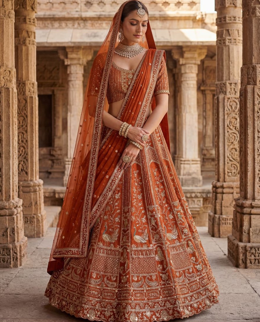 ORANGE - Beautiful Rust Orange Sequins Silk Bridal Lehenga Choli With Double Dupatta