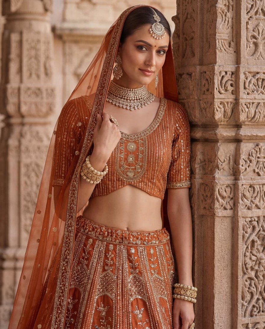 ORANGE - Beautiful Rust Orange Sequins Silk Bridal Lehenga Choli With Double Dupatta