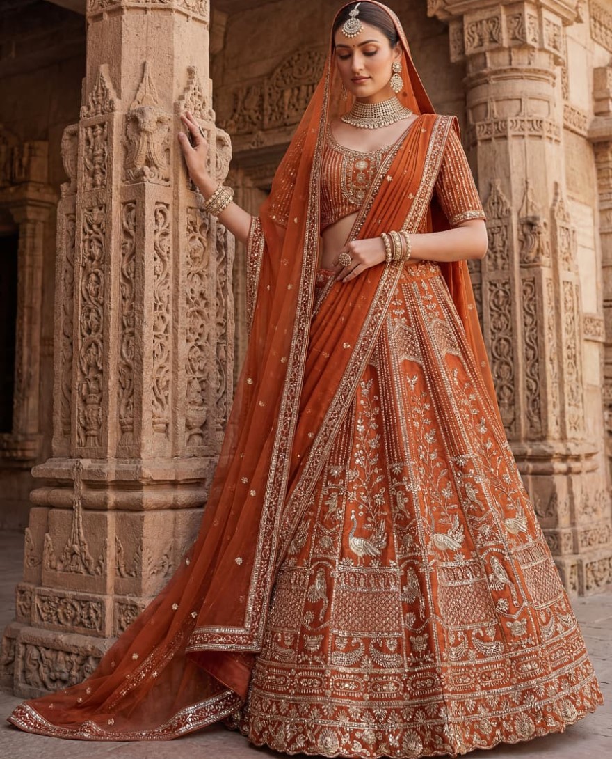 ORANGE - Beautiful Rust Orange Sequins Silk Bridal Lehenga Choli With Double Dupatta