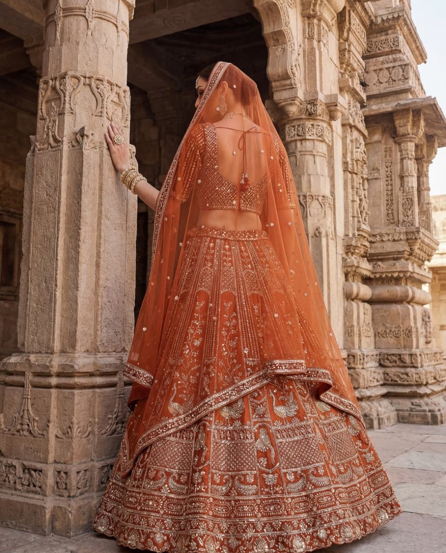 ORANGE - Beautiful Rust Orange Sequins Silk Bridal Lehenga Choli With Double Dupatta