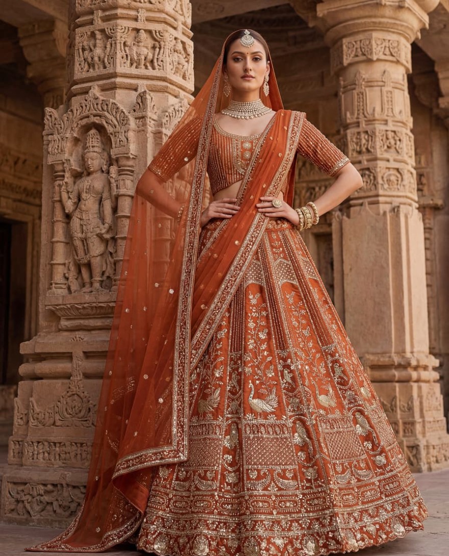 ORANGE - Beautiful Rust Orange Sequins Silk Bridal Lehenga Choli With Double Dupatta