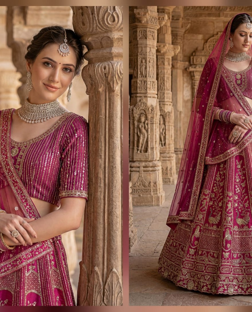PINK - Classy Pink Thread Work Silk Bridal Lehenga Choli With Double Dupatta