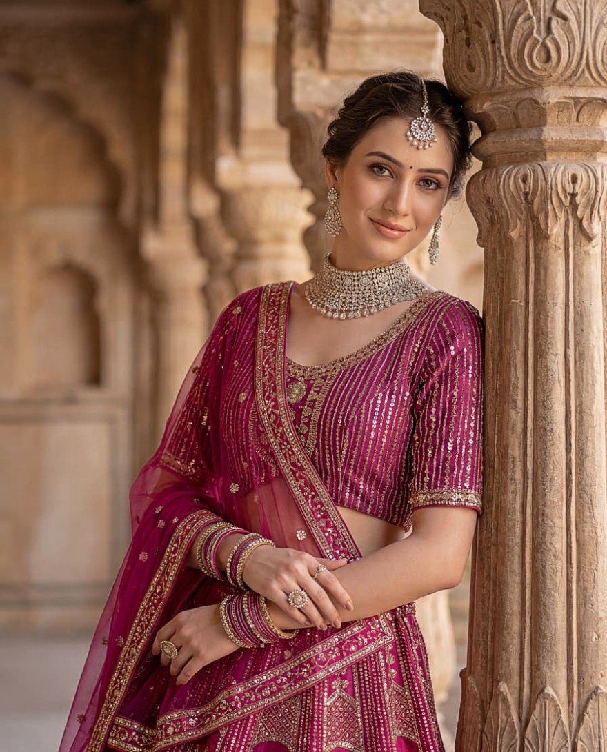 PINK - Classy Pink Thread Work Silk Bridal Lehenga Choli With Double Dupatta