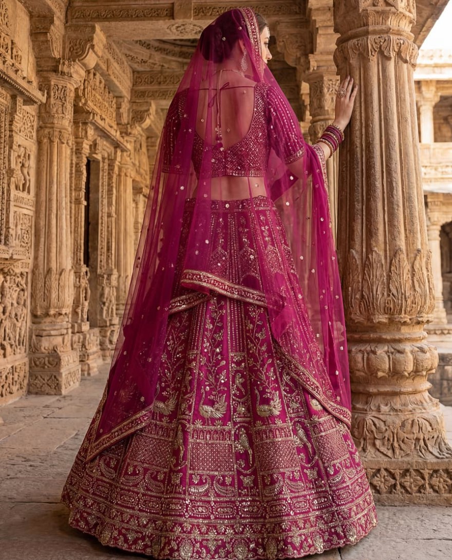 PINK - Classy Pink Thread Work Silk Bridal Lehenga Choli With Double Dupatta