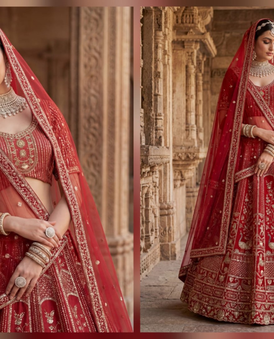 RED - Astonishing Red Hand Work Silk Bridal Lehenga Choli With Double Dupatta
