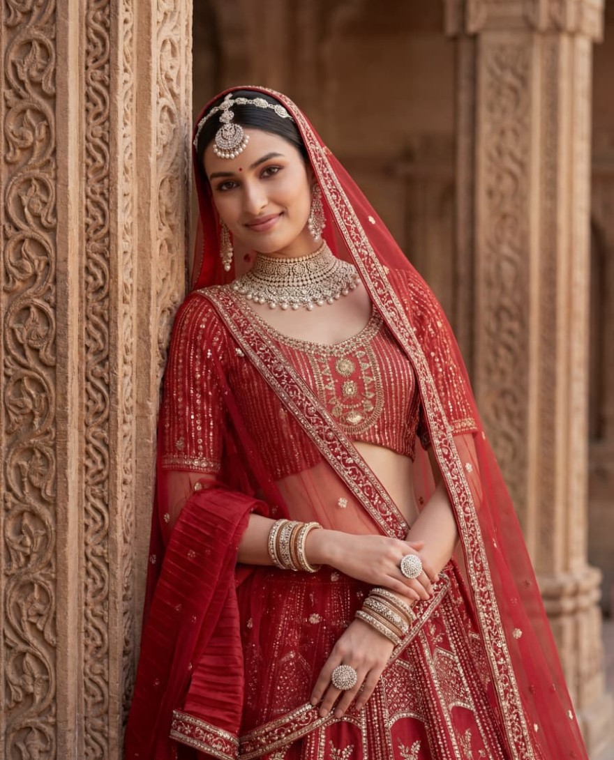 RED - Astonishing Red Hand Work Silk Bridal Lehenga Choli With Double Dupatta