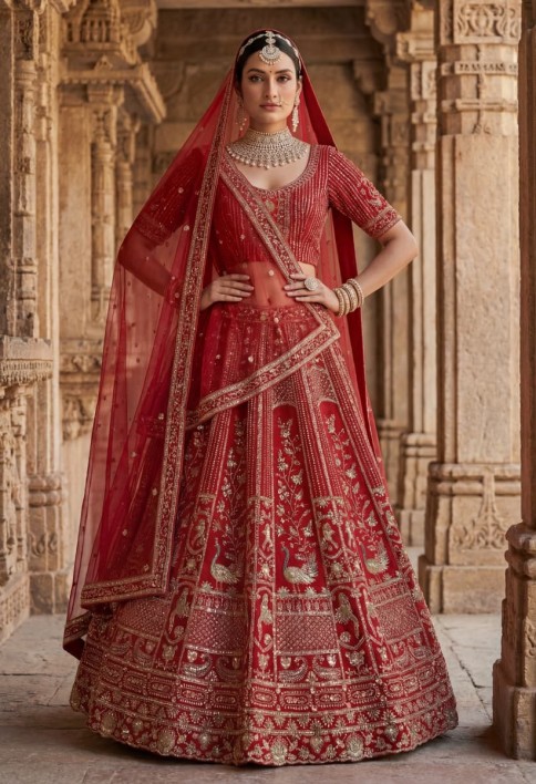 Astonishing Red Hand Work Silk Bridal Lehenga Choli With Double Dupatta