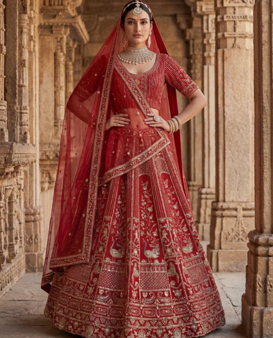 RED - Astonishing Red Hand Work Silk Bridal Lehenga Choli With Double Dupatta