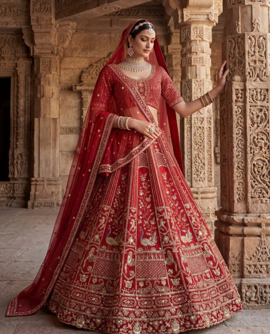 RED - Astonishing Red Hand Work Silk Bridal Lehenga Choli With Double Dupatta
