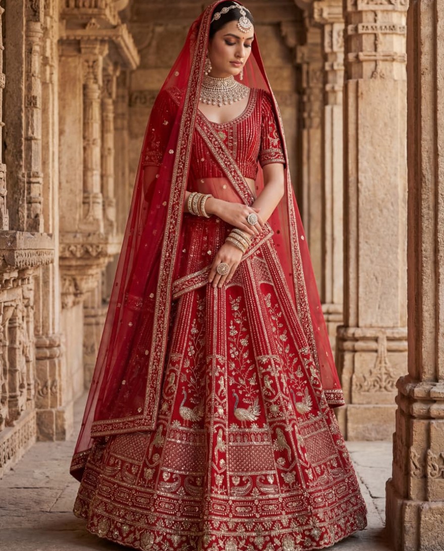 RED - Astonishing Red Hand Work Silk Bridal Lehenga Choli With Double Dupatta