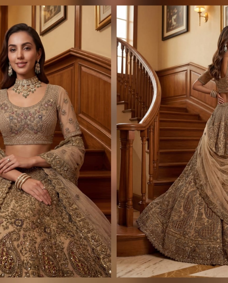 BEIGE - Grand Beige Zari Embroidery Net Sangeet Wear Lehenga Choli With Dupatta