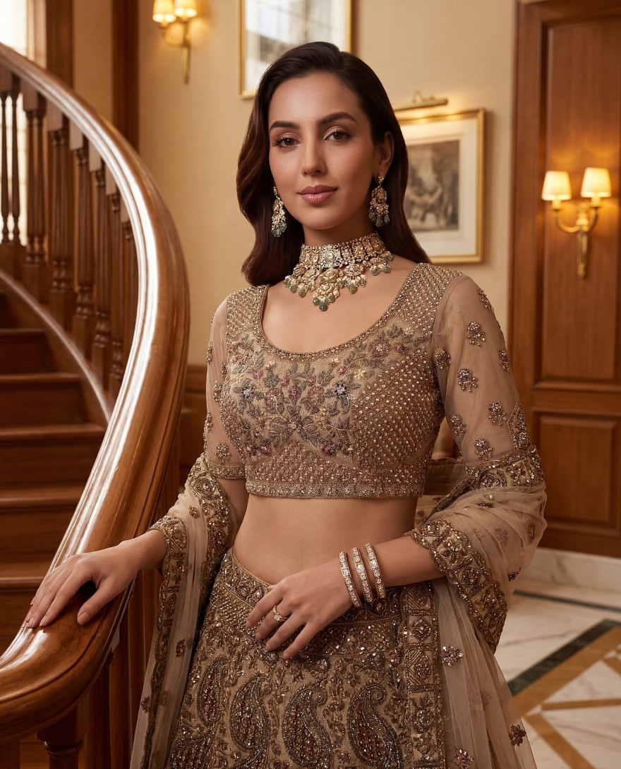 BEIGE - Grand Beige Zari Embroidery Net Sangeet Wear Lehenga Choli With Dupatta