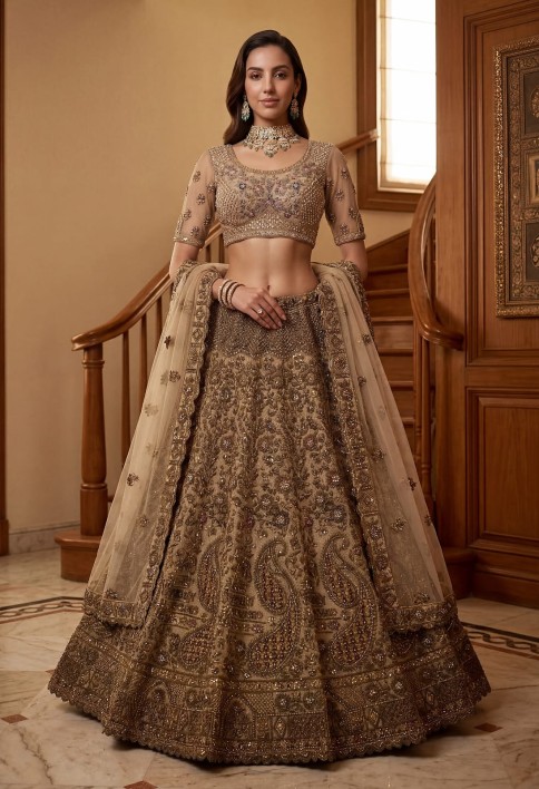 Grand Beige Zari Embroidery Net Sangeet Wear Lehenga Choli With Dupatta