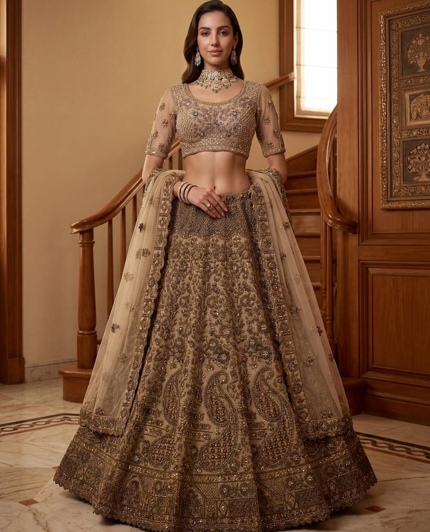 BEIGE - Grand Beige Zari Embroidery Net Sangeet Wear Lehenga Choli With Dupatta