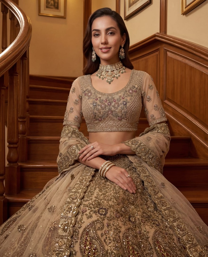 BEIGE - Grand Beige Zari Embroidery Net Sangeet Wear Lehenga Choli With Dupatta