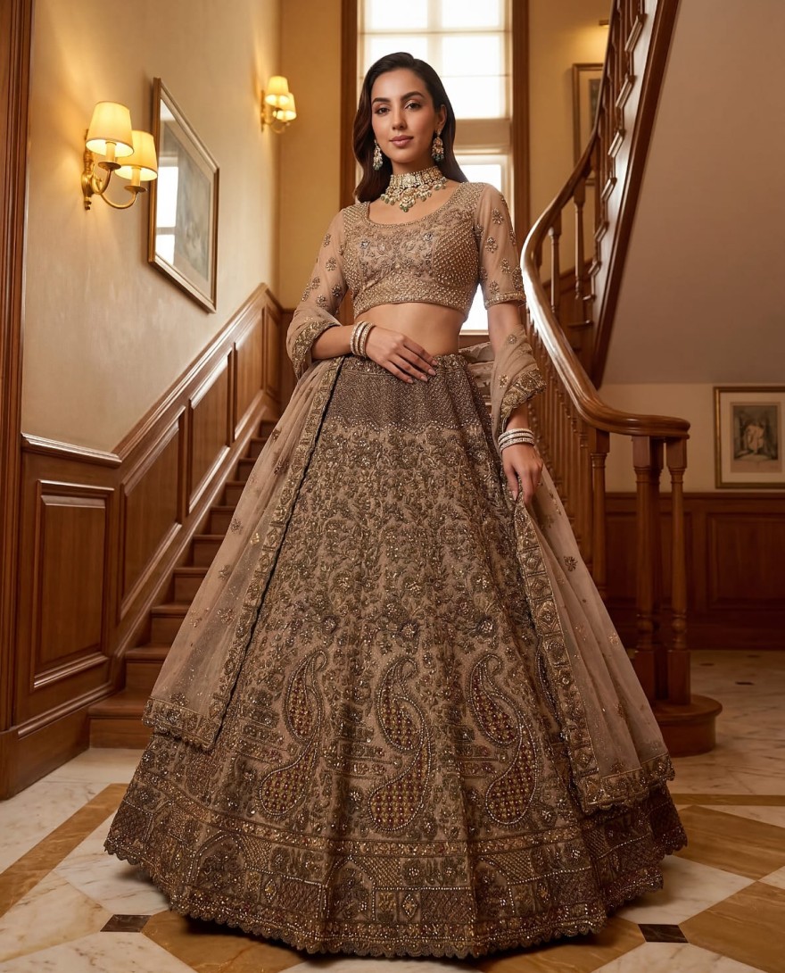BEIGE - Grand Beige Zari Embroidery Net Sangeet Wear Lehenga Choli With Dupatta