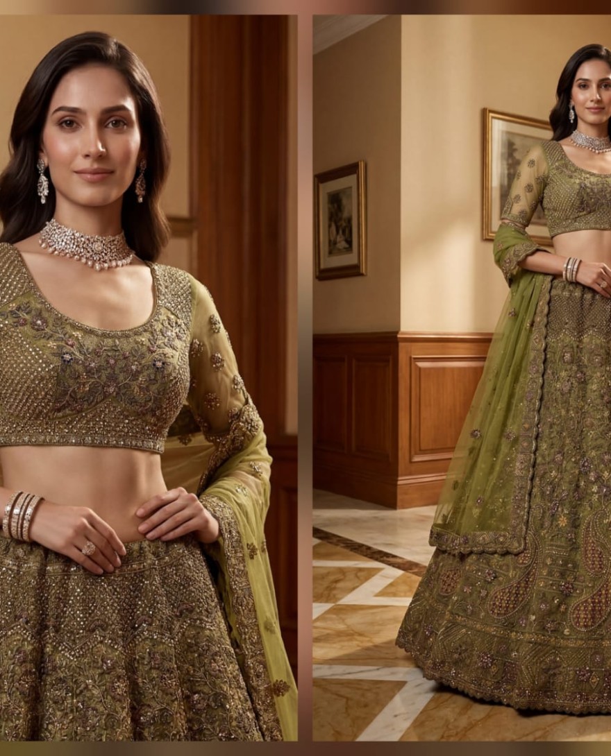 GREEN - Excellent Olive Green Sequins Net Bridal Lehenga Choli With Dupatta