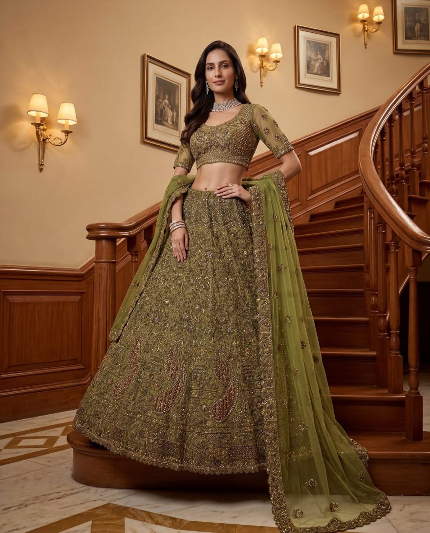 GREEN - Excellent Olive Green Sequins Net Bridal Lehenga Choli With Dupatta