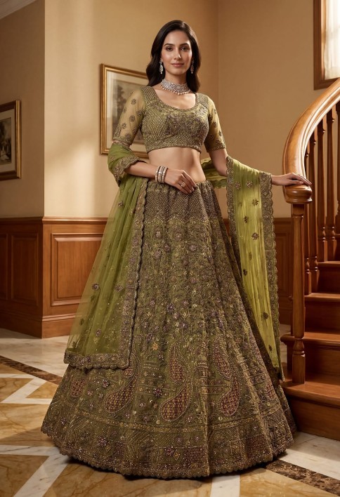 Excellent Olive Green Sequins Net Bridal Lehenga Choli With Dupatta
