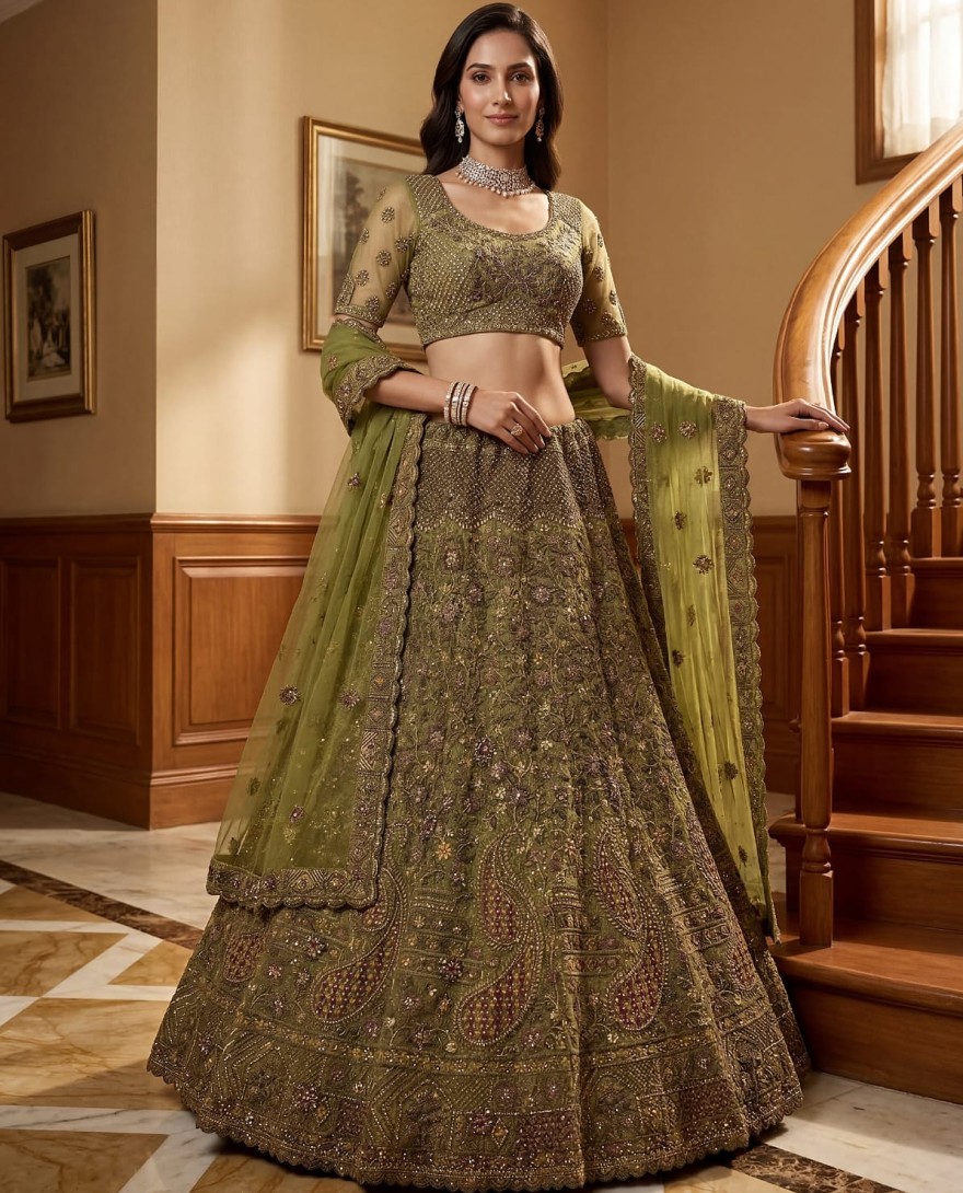 GREEN - Excellent Olive Green Sequins Net Bridal Lehenga Choli With Dupatta