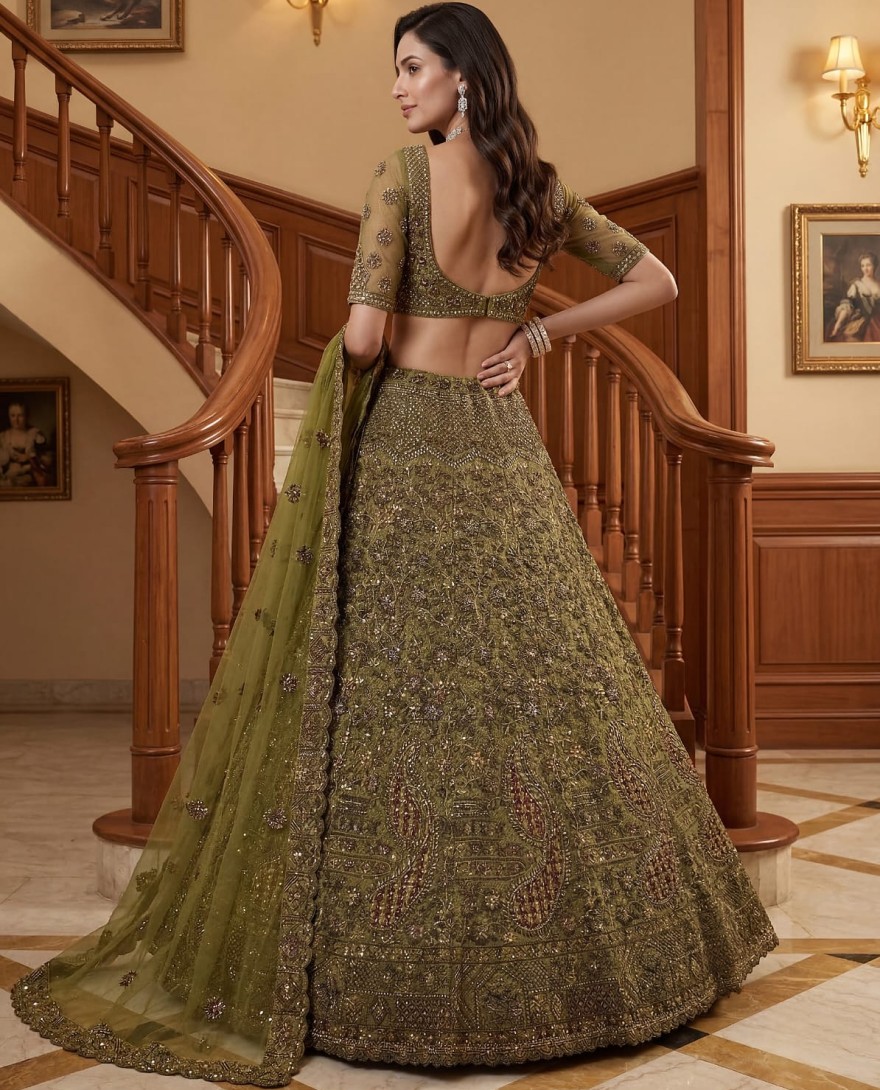 GREEN - Excellent Olive Green Sequins Net Bridal Lehenga Choli With Dupatta