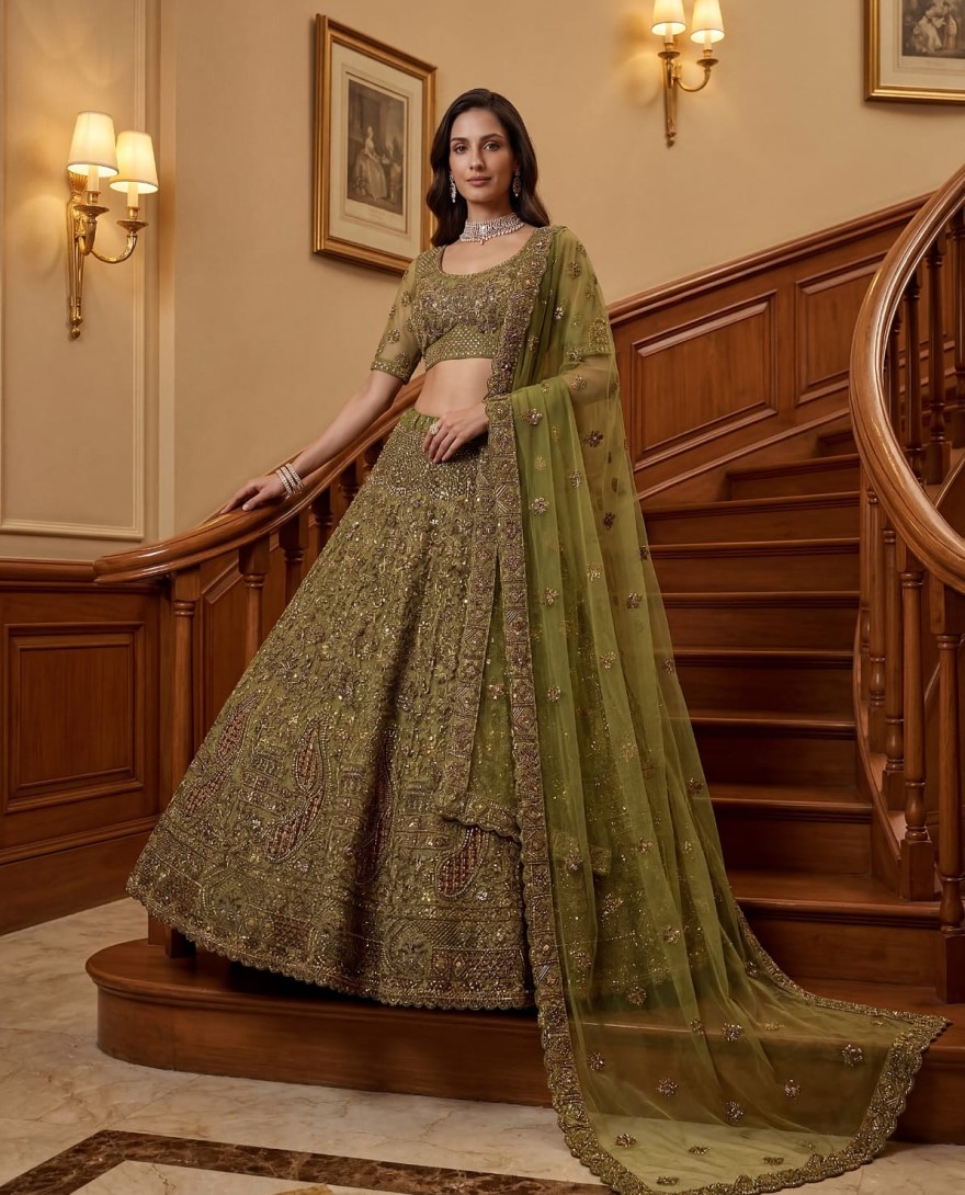 GREEN - Excellent Olive Green Sequins Net Bridal Lehenga Choli With Dupatta