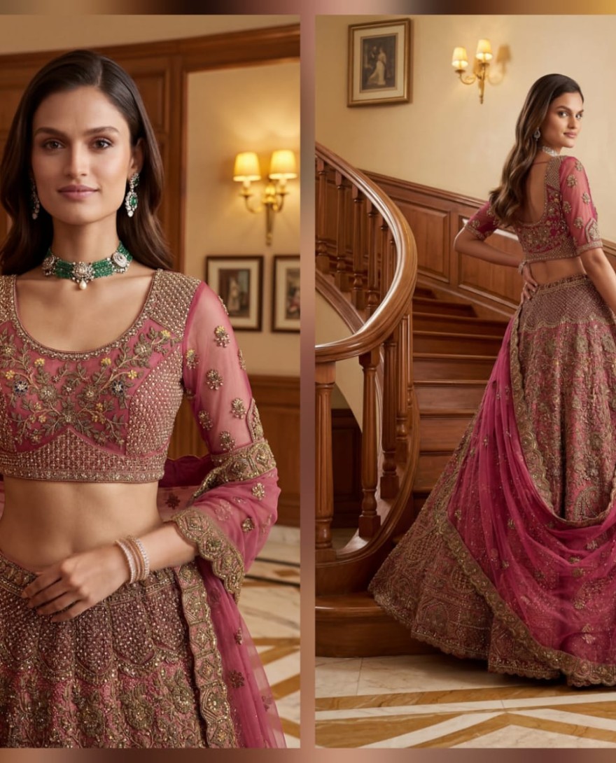 PINK - Royal Pink Multi Thread Work Net Engagement Wear Lehenga Choli With Dupatta