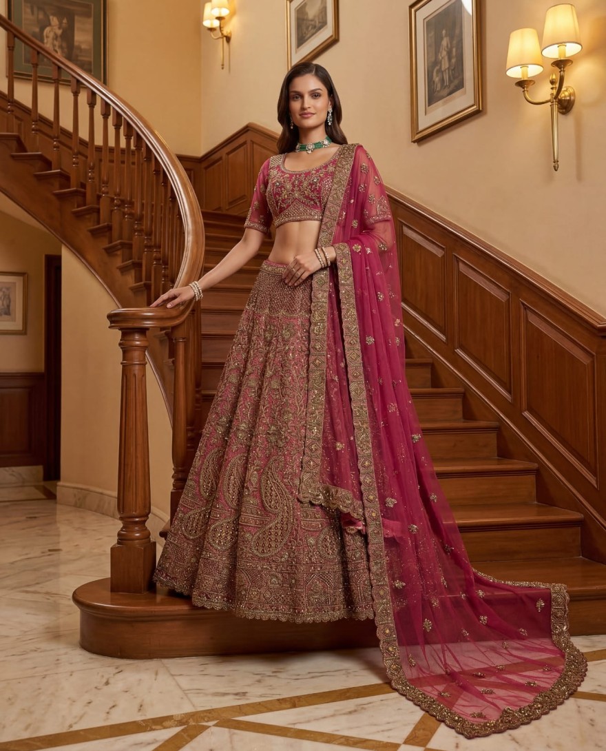PINK - Royal Pink Multi Thread Work Net Engagement Wear Lehenga Choli With Dupatta