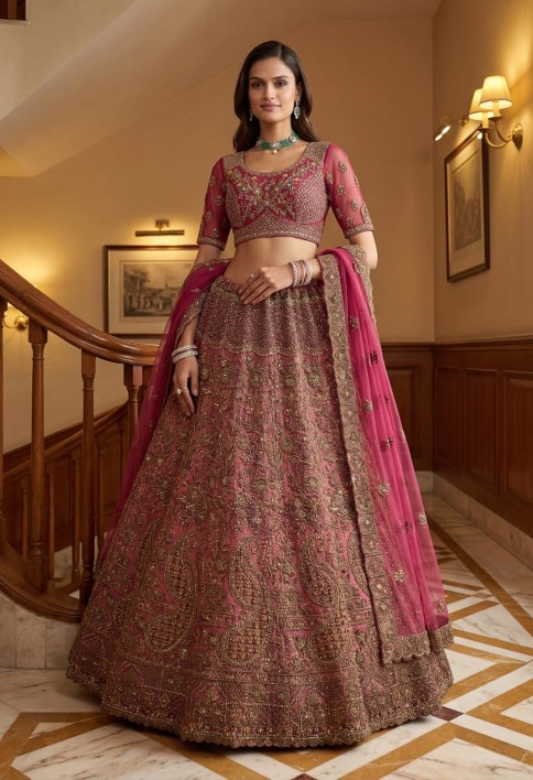 Royal Pink Multi Thread Work Net Engagement Wear Lehenga Choli With Dupatta
