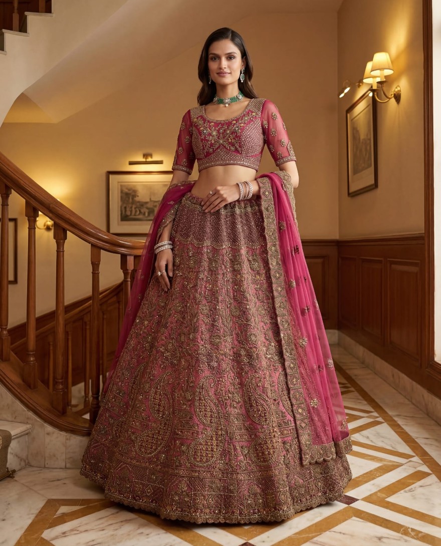 PINK - Royal Pink Multi Thread Work Net Engagement Wear Lehenga Choli With Dupatta