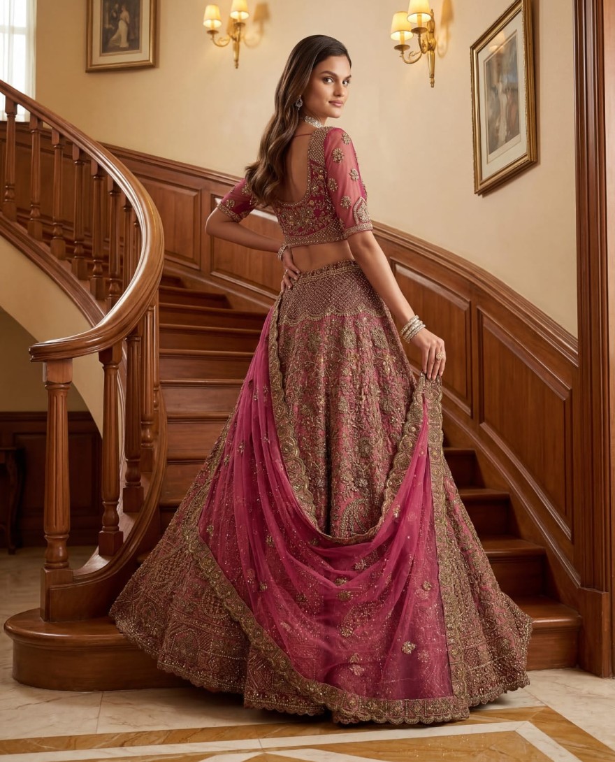 PINK - Royal Pink Multi Thread Work Net Engagement Wear Lehenga Choli With Dupatta