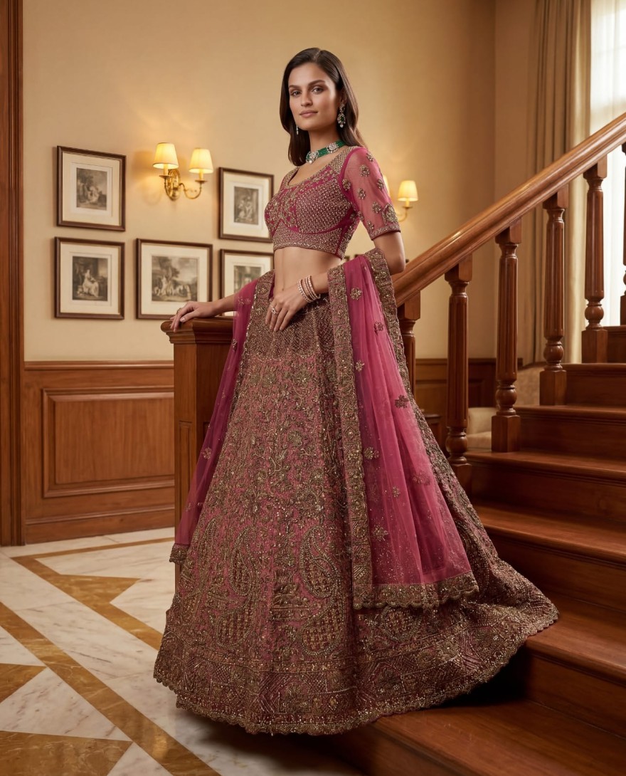 PINK - Royal Pink Multi Thread Work Net Engagement Wear Lehenga Choli With Dupatta