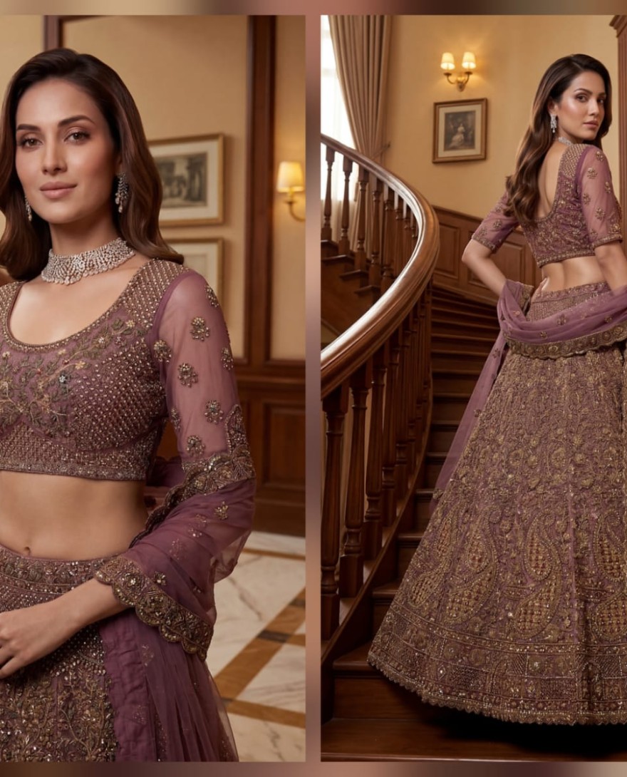 PURPLE - Luxurious Mauve Dori Work Net Reception Wear Lehenga With Blouse