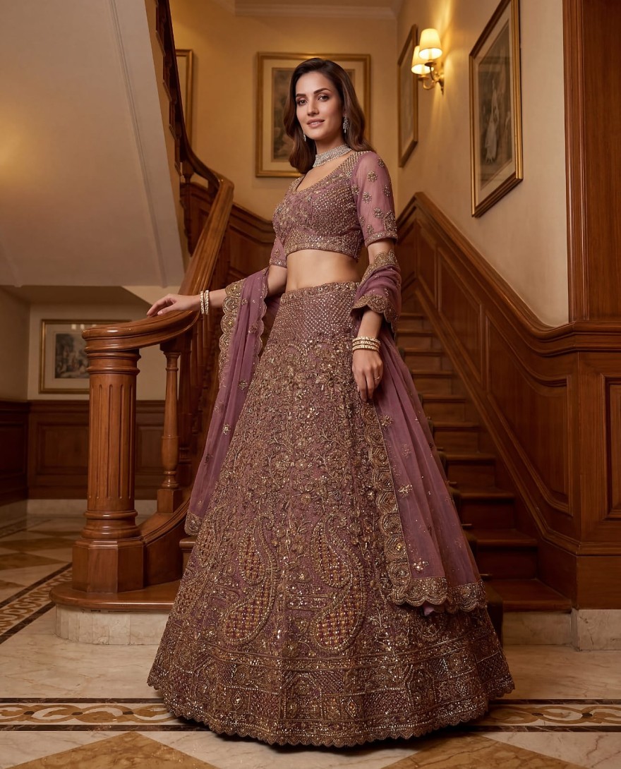 PURPLE - Luxurious Mauve Dori Work Net Reception Wear Lehenga With Blouse