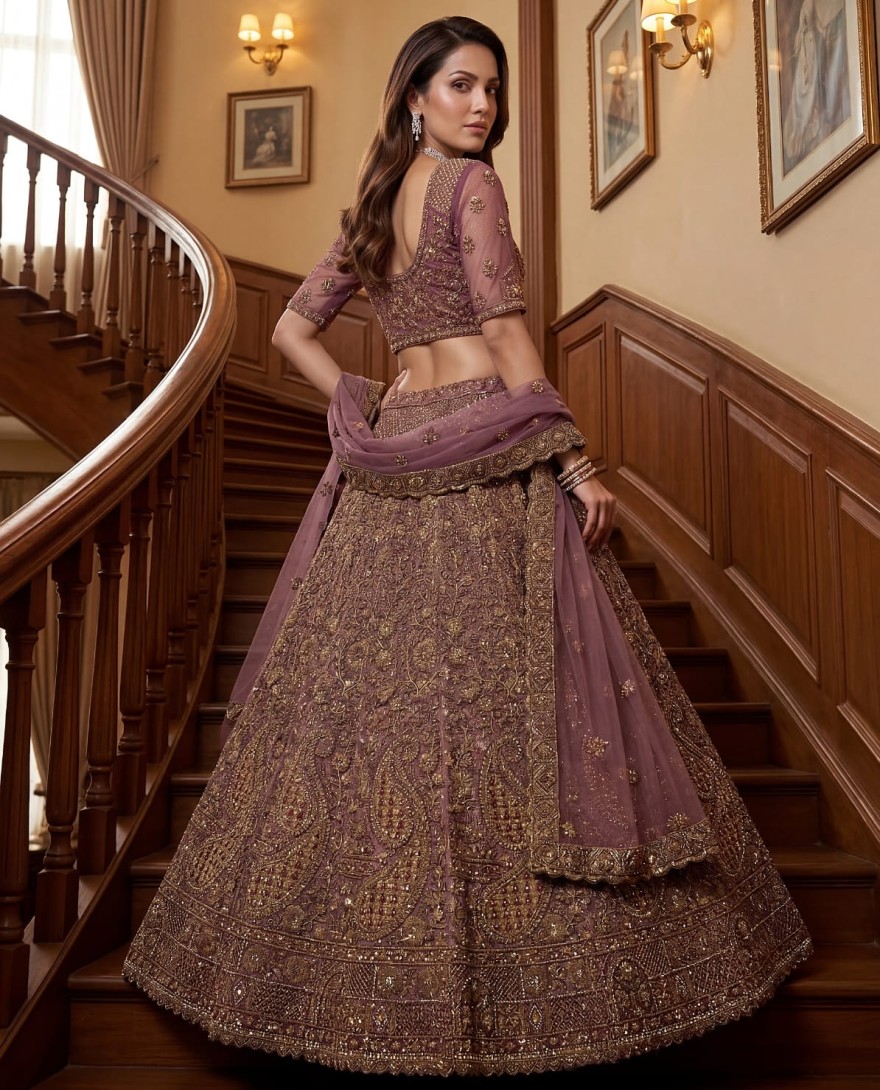 PURPLE - Luxurious Mauve Dori Work Net Reception Wear Lehenga With Blouse