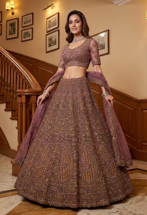 Luxurious Mauve Dori Work Net Reception Wear Lehenga With Blouse