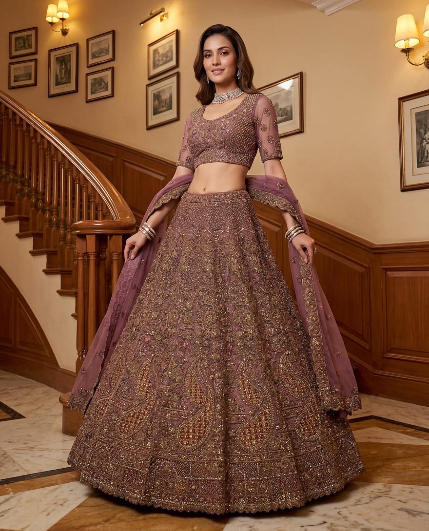 PURPLE - Luxurious Mauve Dori Work Net Reception Wear Lehenga With Blouse