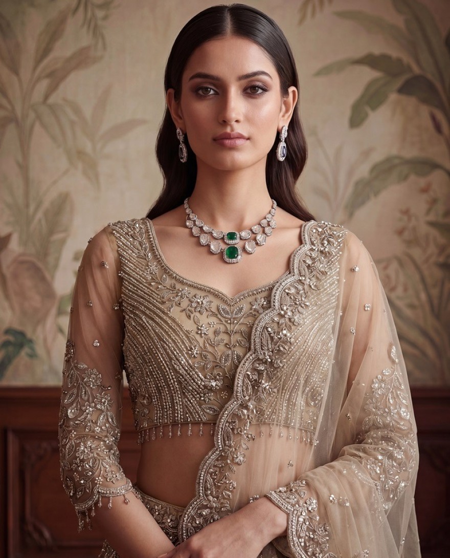 BEIGE - Gorgeous Beige Sequins Net Engagement Wear Lehenga Choli With Dupatta
