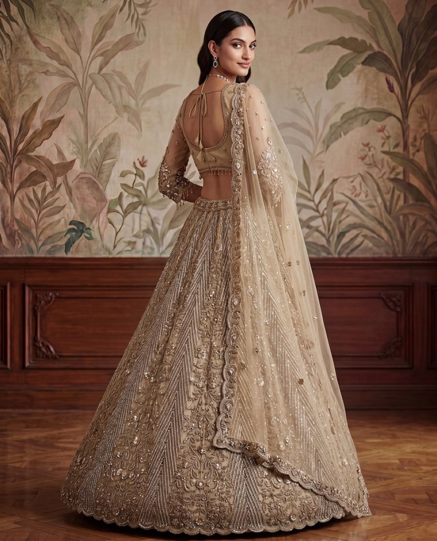 BEIGE - Gorgeous Beige Sequins Net Engagement Wear Lehenga Choli With Dupatta