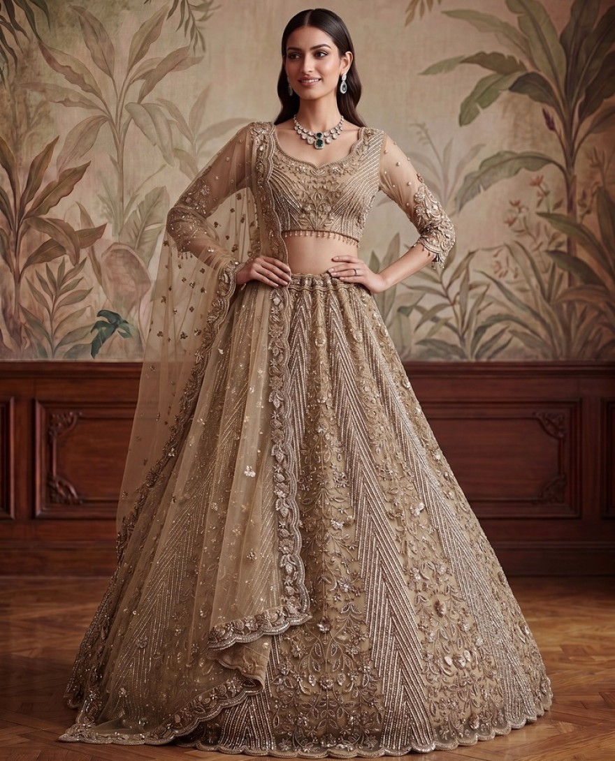 BEIGE - Gorgeous Beige Sequins Net Engagement Wear Lehenga Choli With Dupatta