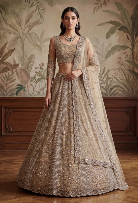 Gorgeous Beige Sequins Net Engagement Wear Lehenga Choli With Dupatta