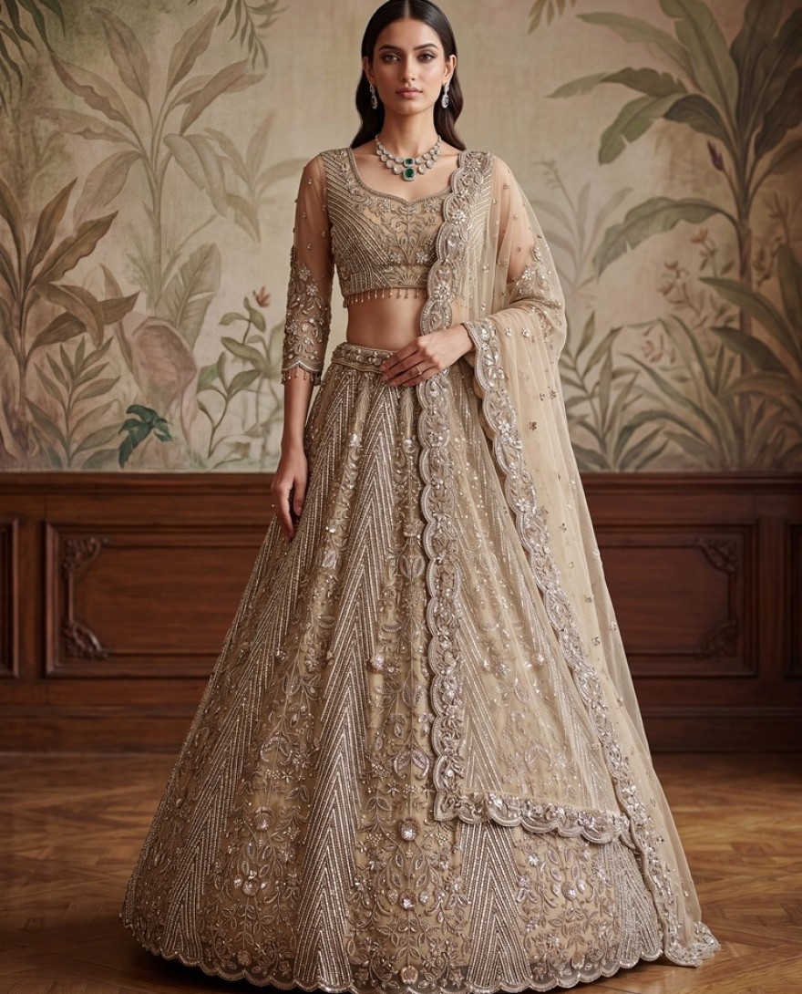 BEIGE - Gorgeous Beige Sequins Net Engagement Wear Lehenga Choli With Dupatta