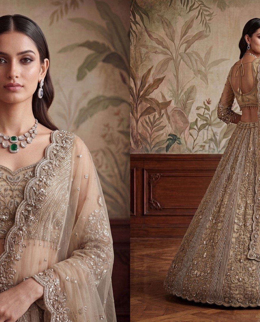 BEIGE - Gorgeous Beige Sequins Net Engagement Wear Lehenga Choli With Dupatta
