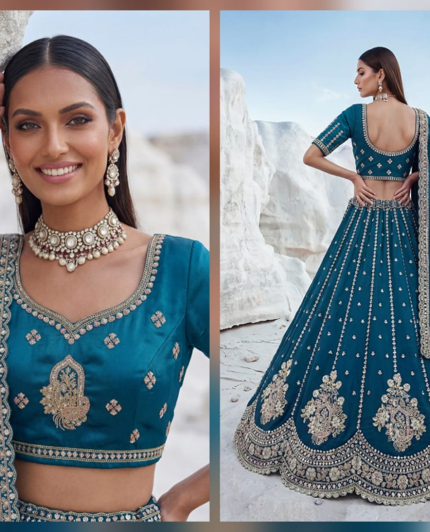BLUE - Dazzling Teal Blue Sequins Silk Wedding Wear Lehenga Choli