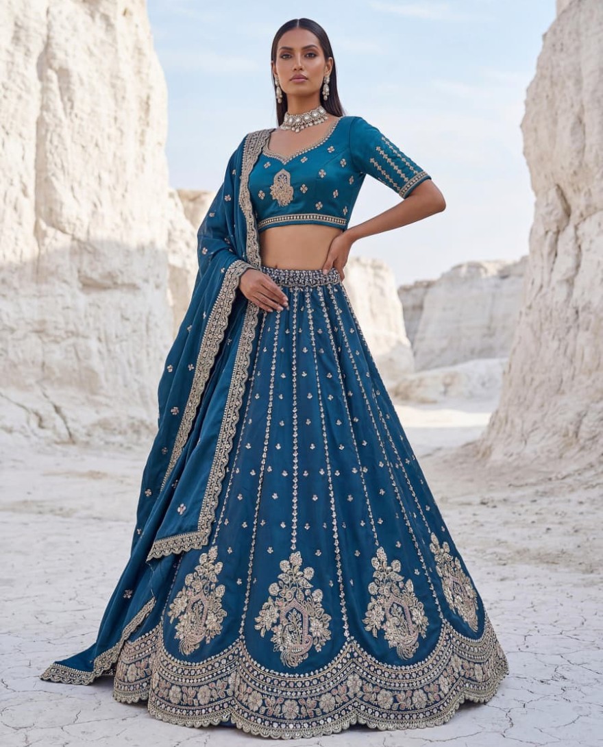 BLUE - Dazzling Teal Blue Sequins Silk Wedding Wear Lehenga Choli