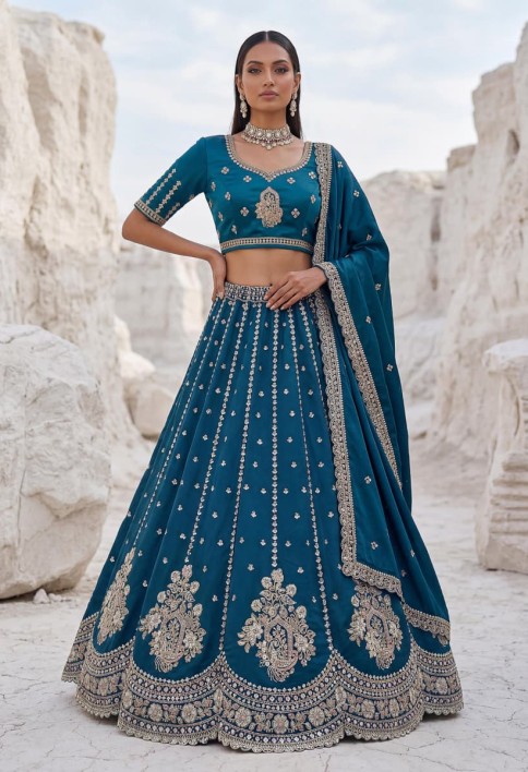 Dazzling Teal Blue Sequins Silk Wedding Wear Lehenga Choli