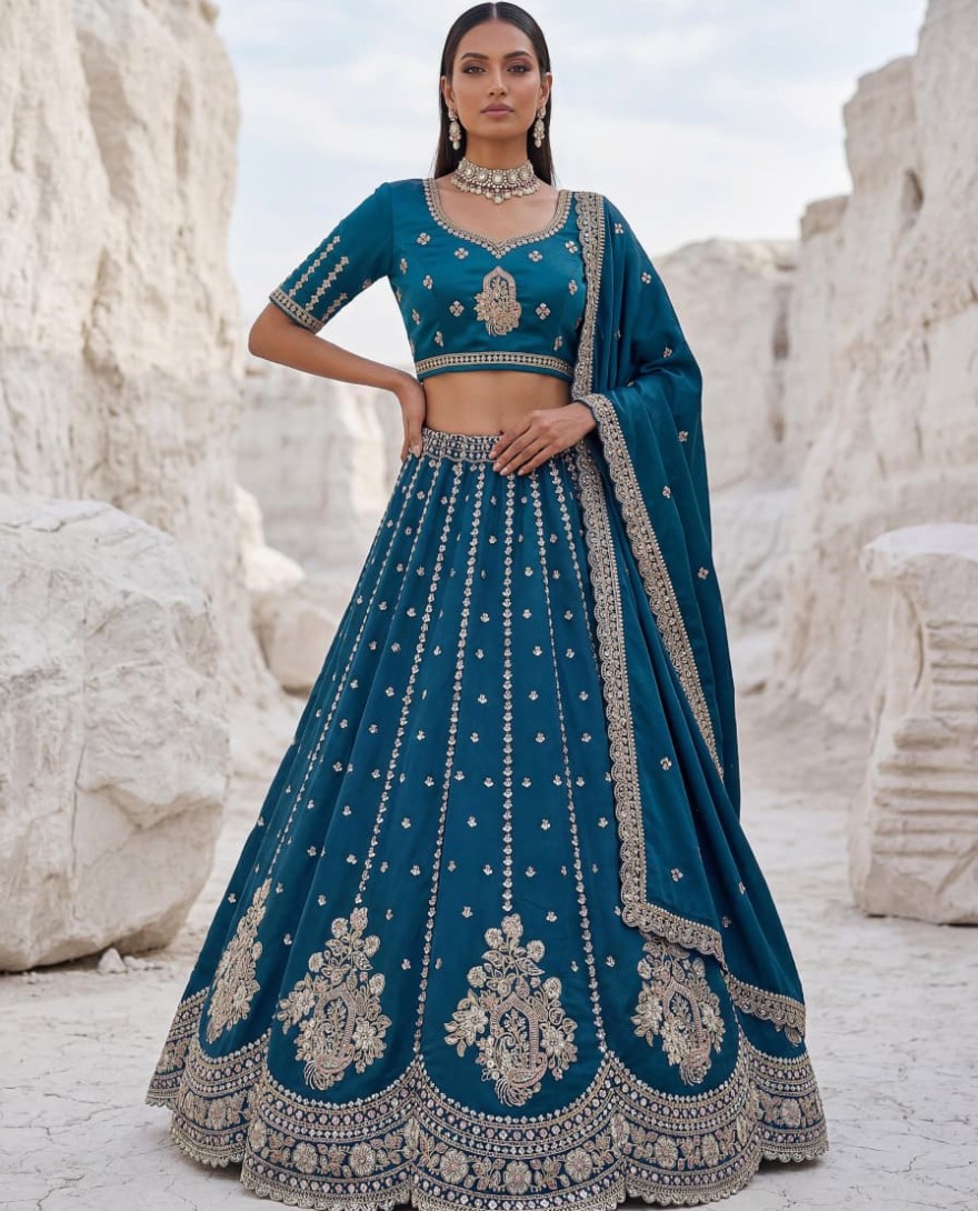 BLUE - Dazzling Teal Blue Sequins Silk Wedding Wear Lehenga Choli