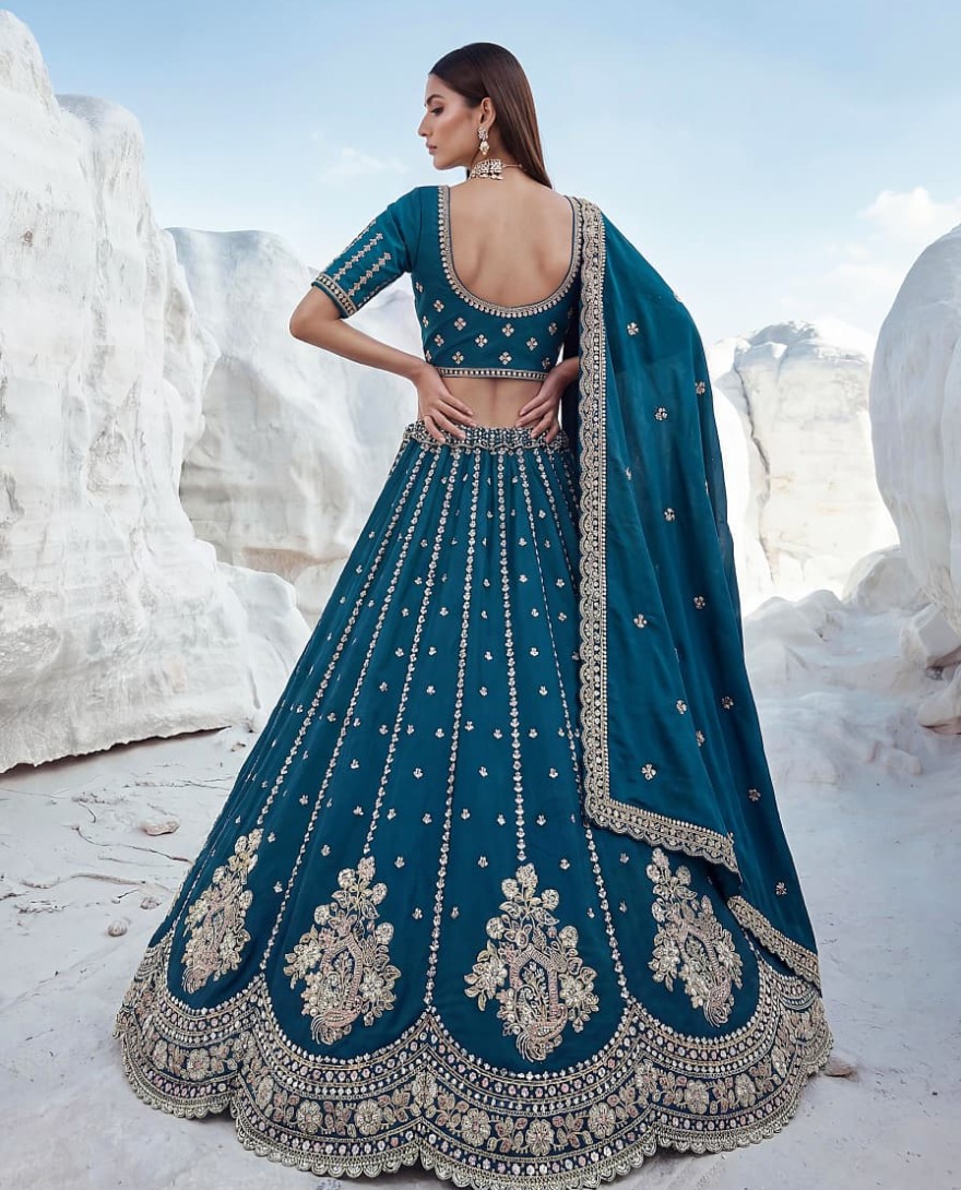 BLUE - Dazzling Teal Blue Sequins Silk Wedding Wear Lehenga Choli