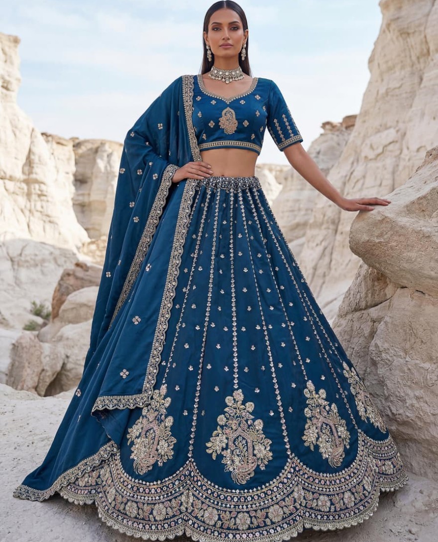 BLUE - Dazzling Teal Blue Sequins Silk Wedding Wear Lehenga Choli